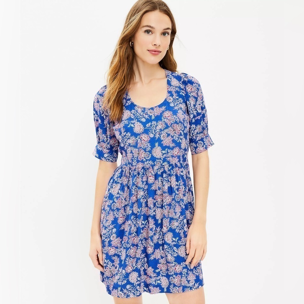 Loft Womens 6 Petite Blue Floral Puff Sleeve Swing Dress - Picture 4 of 9